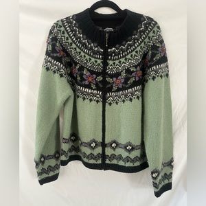 Vintage Icelandic Design Zip Up Knit Sweater, 70% Lambs Wool, Size Large